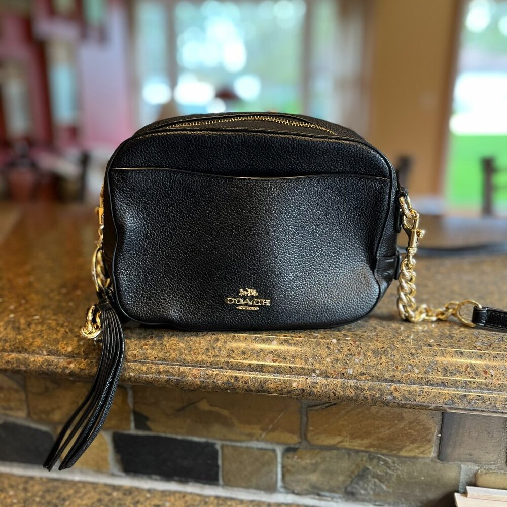 Black Leather Coach Purse with Gold Metal Trim